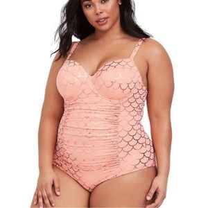 Torrid Womens Coral Mermaid Print Slim Fix Underwire One Piece Swimsuit Size 1F